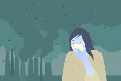 空气污染的概念。戴着防护面具的可悲女人。