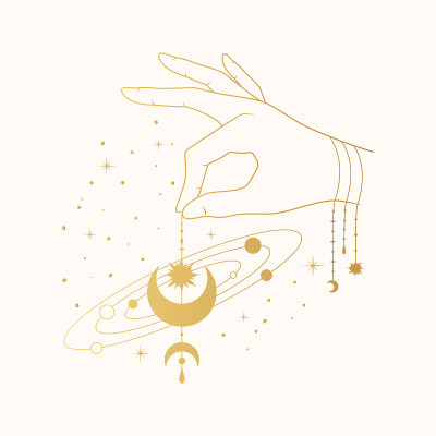 神秘的月亮手概念。天体插图与行星，月亮，星系和恒星。向量孤立的图标。