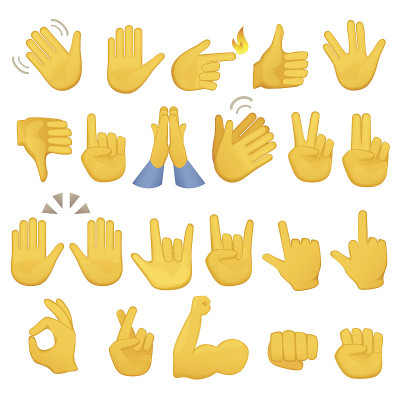 一套手的图标和符号。Emoji手。不同的手势