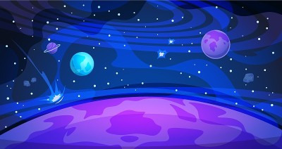 地球空间背景。天空星系宇宙平面抽象夜晚景观科学现代海报。宇宙的横幅