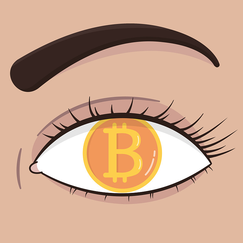 女性眼睛与比特币图标符号支付符号在近距离视图