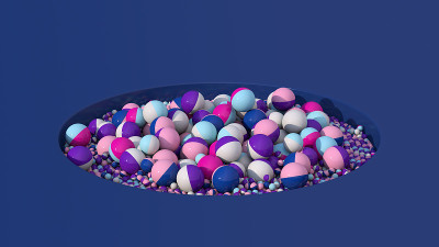 彩色的球变形。蓝色背景。抽象插图，3d渲染。