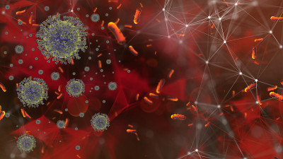 冠状病毒的爆发、细菌的爆发、病毒的感染传播卫生和科学研究。3D病毒和血细胞保健和医疗理念。