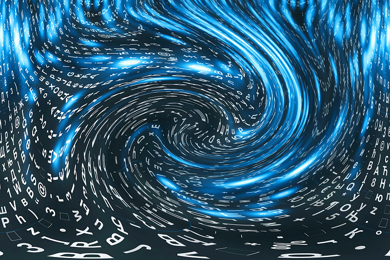 蓝色矩阵数字背景。扭曲的网络空间的概念。人物落入虫洞。入侵矩阵。虚拟现实设计。复杂的算法数据黑客。青