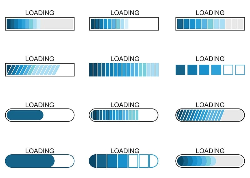 加载条进度图标、加载指示符、等待符号、矢量图