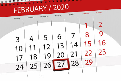 2020年2月的日历计划，截止日期，27日，周四