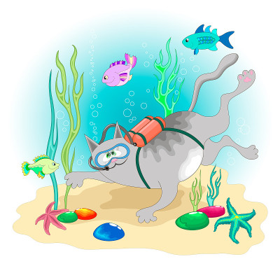 卡通灰猫潜水员在海底潜水
