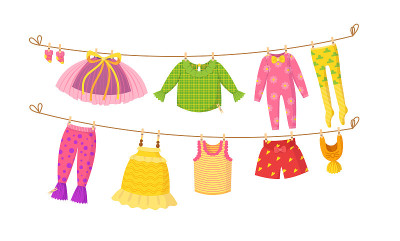孩子干衣服上的晾衣绳矢量卡通插图