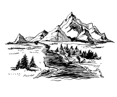山草图。手绘矢量插图。高山旅行，高地山脉。点线艺术。多岩石的山峰。景观轮廓。