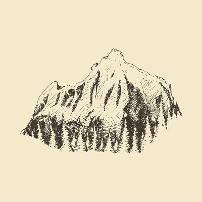 山景与森林，手绘插图。高山景观，矢量素描，用于标签，海报等。