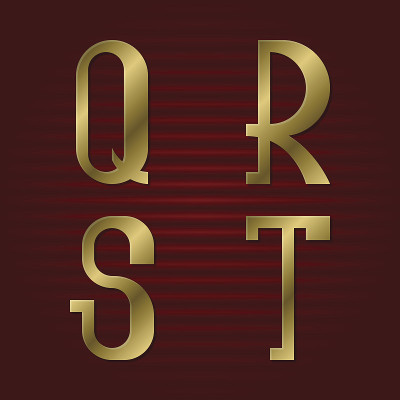 像样的金色字体。Q, R, S, T是孤立的金色字母。
