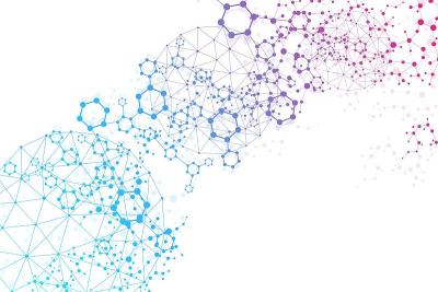 科学网络格局，连接线与点。技术六边形结构或分子连接元件。