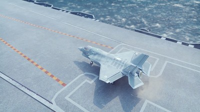 F-35战斗机从航空母舰垂直起飞。三维渲染