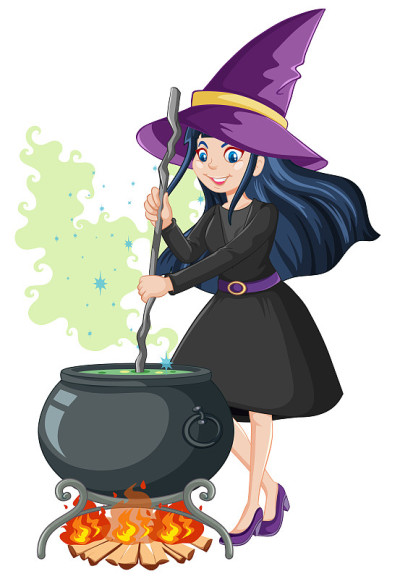 年轻美丽的女巫与黑色魔法壶卡通风格孤立在白色的背景