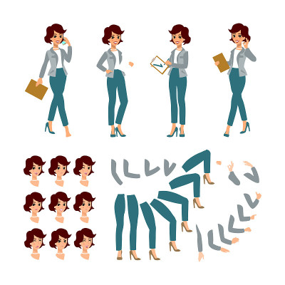 动画商人的性格。年轻的女士人物构造师。不同的女人姿势，脸，腿，手。矢量动画的人。