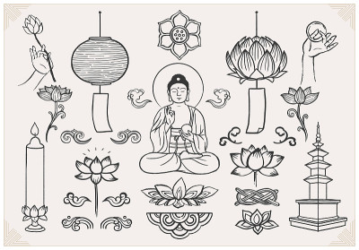 一套手绘东方元素。手握莲花坐佛。亚洲传统设计。