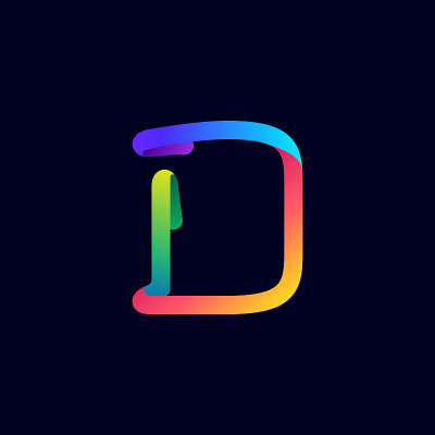 D字标志由多色渐变霓虹线制成。