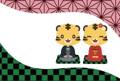 材料为日本图案和老虎新年卡