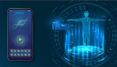 未来的医学健康概念与人体和DNA分子结构。抬头显示(HUD)的UI为医疗应用程序，未来的医疗HUD界