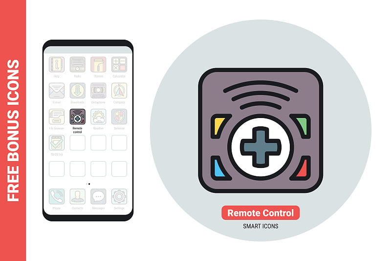 智能手机、平板电脑、笔记本电脑或其他具有移动界面的智能设备的远程控制应用图标。简单的颜色版本。包含免