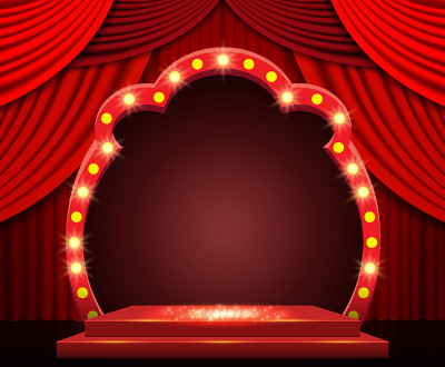 背景与红色窗帘，讲台和复古拱门旗帜。为演讲，音乐会，表演设计