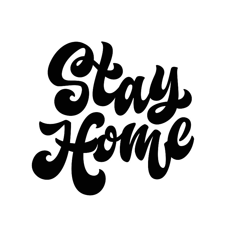 Stay Home letters引用。疫情防控口号。媒介手画字词呼吁自我隔离新型冠状病毒。COVI