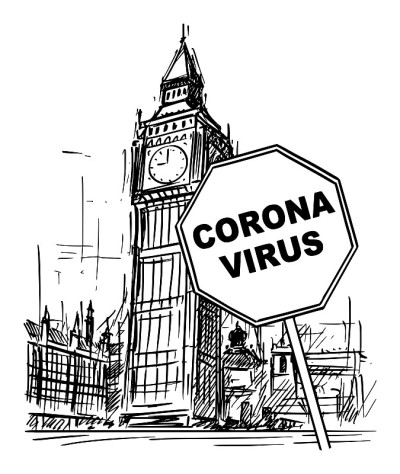 英国、伦敦、大本钟和新冠肺炎疫情预警标志矢量漫画草图