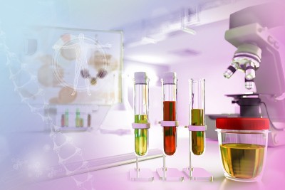 试管在现代生物化学大学办公室尿液质量测试比重或细菌，医学3D插图