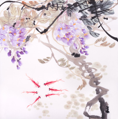 紫藤花鱼，中国传统水墨画。