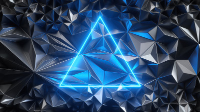 3d渲染，抽象几何背景与金属面纹理和蓝色三角形霓虹灯框架，现代壁纸