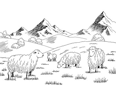 绵羊在山上的草地上吃草图形的黑白素描插图向量
