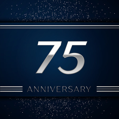 现实主义75周年庆典。蓝色背景上的银色数字和银色纸屑。彩色矢量模板元素为您的生日派对