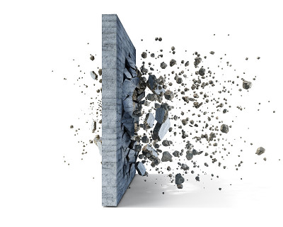 白色背景上的混凝土墙破碎成碎片，3d插图