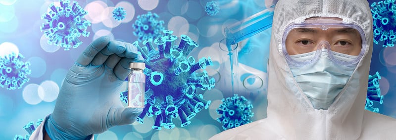 一位戴着蓝色手套、身穿防护服、手持Covid-19疫苗的男性科学家，背景是生物技术概念。