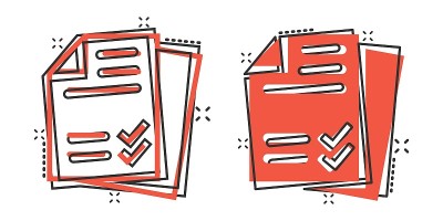 漫画风格的文档清单图标。报告在白色孤立背景上的卡通矢量插图。纸张飞溅效应的经营理念。