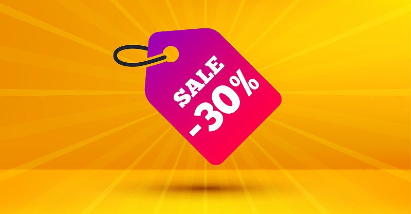 Sale 30% off badge. Discount banner shape. Vector