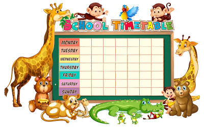 Diverse group of animals around school timetable p