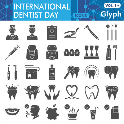 International dentist day solid icon set, Dental c
