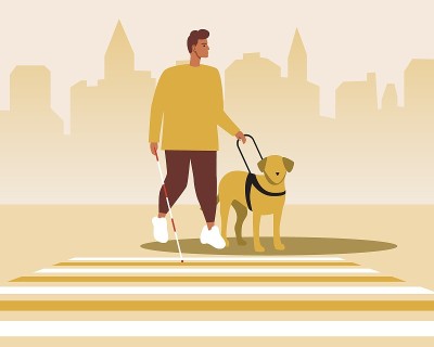 盲人与导盲犬，平面矢量股票插图与包括宠物援助和残疾人在城市