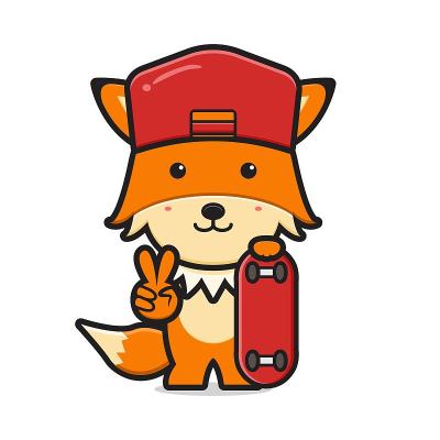 可爱的狐狸玩滑板卡通图标矢量插图。