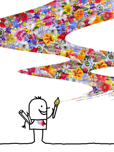 卡通人物用鲜艳的花朵图案描绘空气