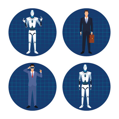 set of humanoid robot ans businessman