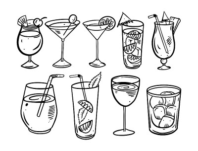 手绘涂鸦鸡尾酒集插图。线条艺术矢量草图。