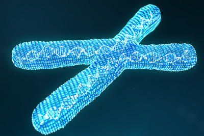 X数字的人工染色体，带有携带遗传密码的DNA。遗传学概念，人工智能概念。人类基因组中的二进制代码。未