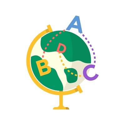 学校地球仪与字母图标孤立在白色背景。矢量平面插图。