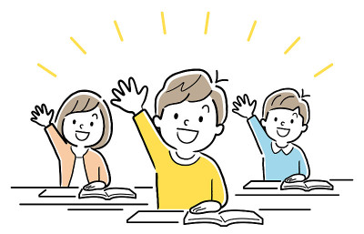矢量插图材料:小学生在课堂上举手