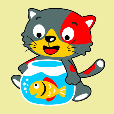 小猫卡通拥抱水族馆和可爱的鱼