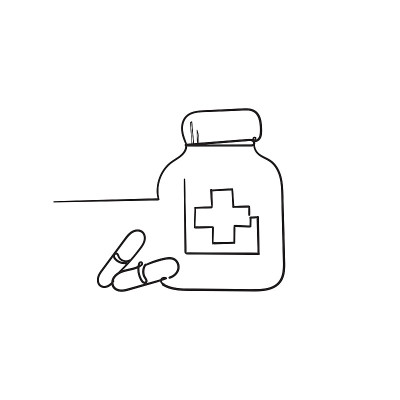 手绘药瓶和药丸。黑白图标。矢量插图涂鸦