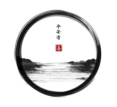 Lake view in asian style hand drawn with sumi ink 