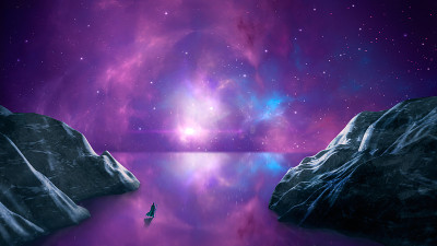 魔术师站在科幻峡谷景观的反射表面星云、恒星和太阳。数字绘画插图。三维渲染